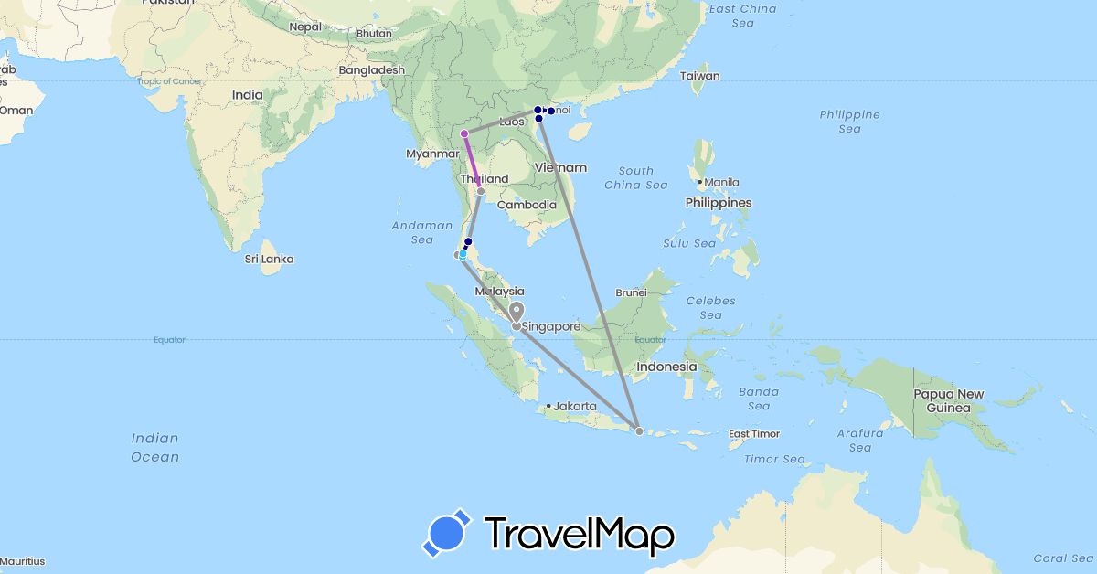 TravelMap itinerary: driving, plane, train, boat in Indonesia, Singapore, Thailand, Vietnam (Asia)